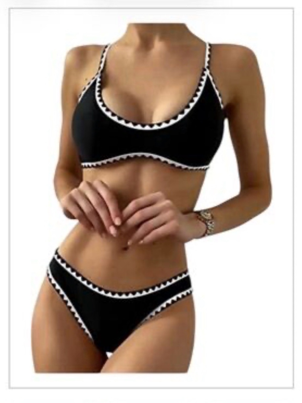 Zaful Black Bikini Top with White Trim - Size 6 Medium - Summer Beach